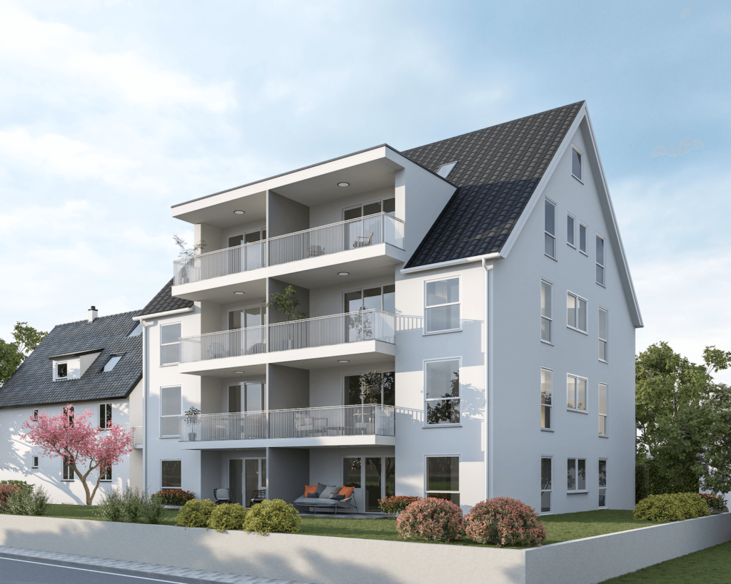 Rendering von einem Mehrfamilienhaus mit Balkonen