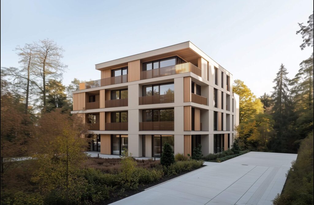 Mehrfamilienhaus aus Holz umgeben von grüner Natur